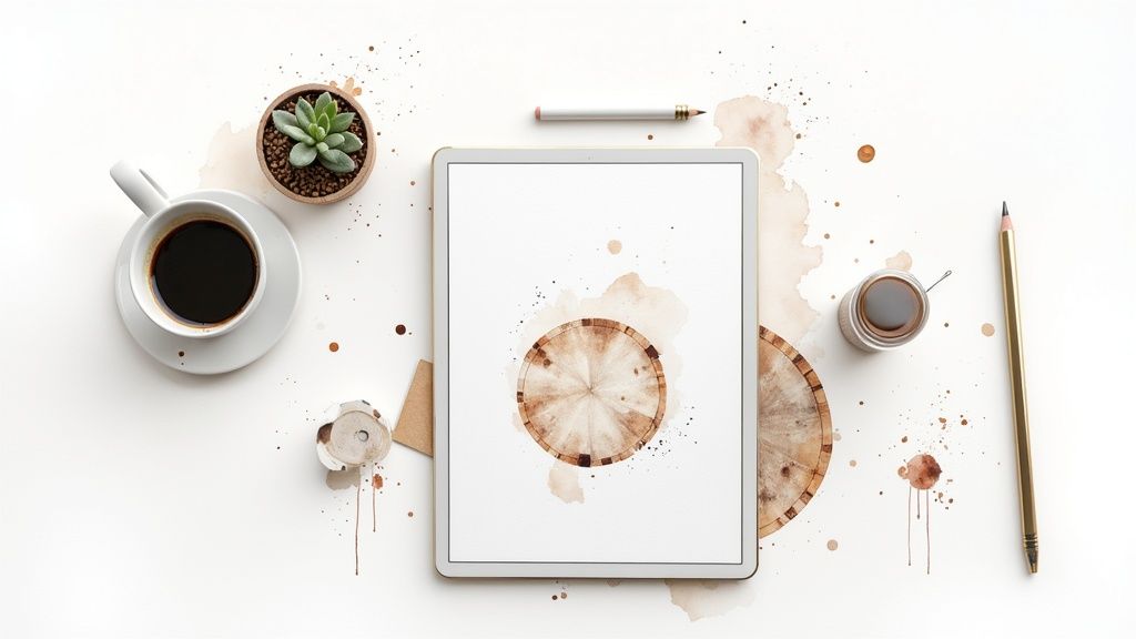 Flat lay of a clean white desk with a tablet displaying a radial watercolor design, coffee, and plants.