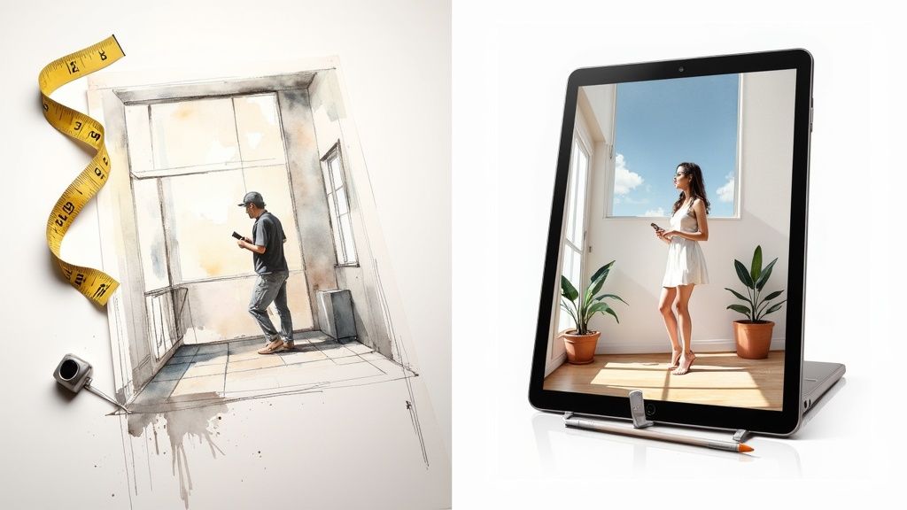 A person using interior design software on a laptop, with sketches and fabric swatches on the desk.