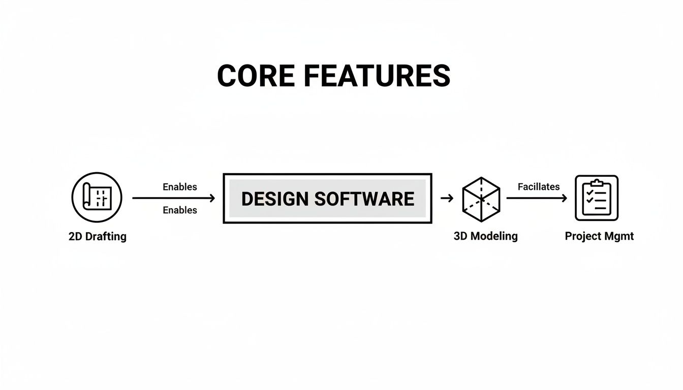 A diagram outlining design software core features including 2D drafting, 3D modeling, and project management.