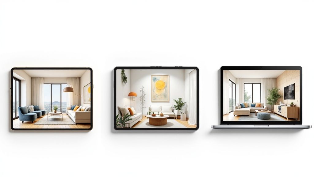 Three digital devices, including two tablets and a laptop, showcasing various modern living room interior designs.