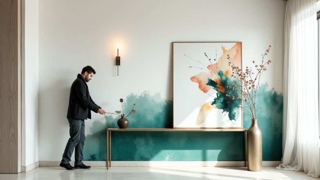 A man places a plant in a vase on a stylish console table against a teal feature wall.
