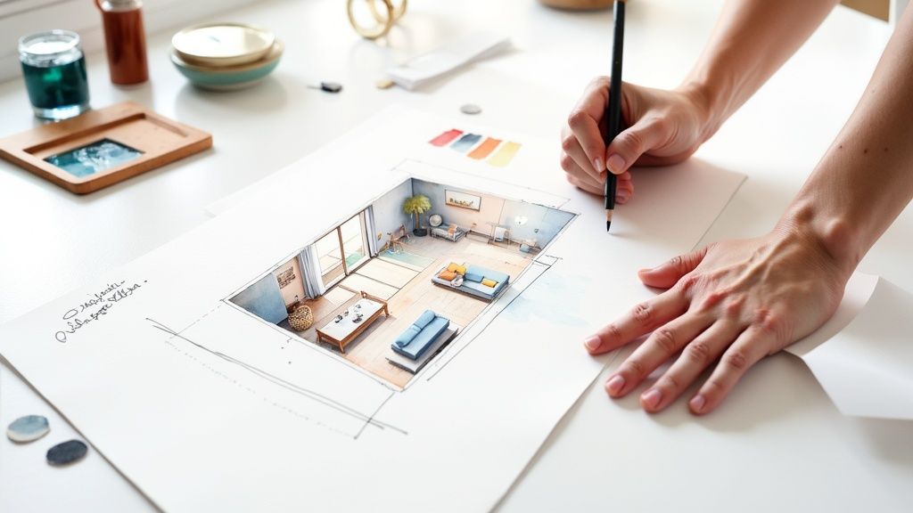 Close-up of hands sketching a modern interior design with watercolor accents on a white desk.