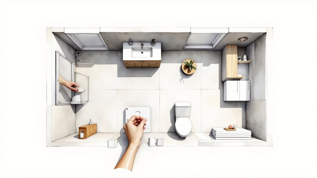 Aerial view of a minimalist bathroom design, showing a sink, toilet, and hands interacting with elements.