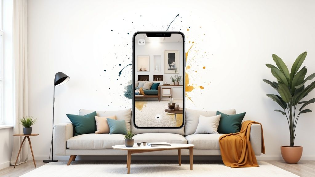 A modern living room designed with the help of an AI interior design app.