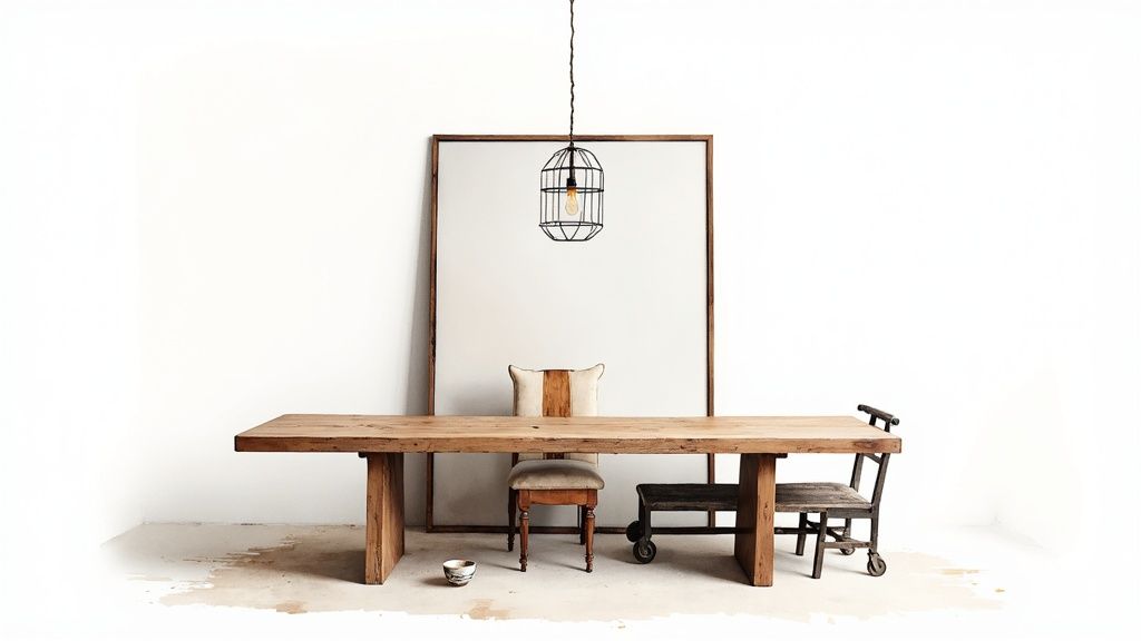 Long rustic wooden table with mismatched chairs and an industrial pendant light in a minimalist room.