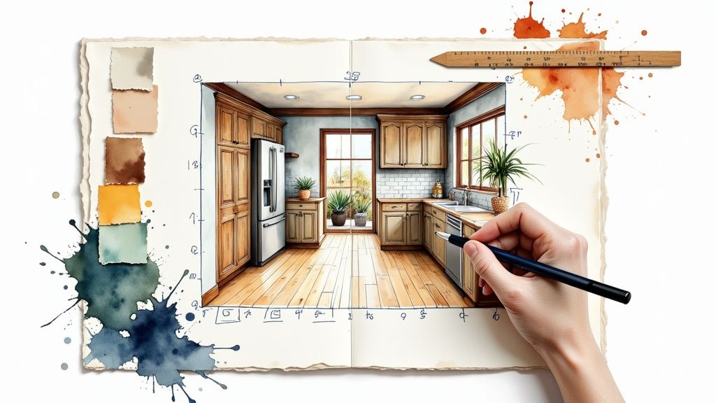 A modern, bright kitchen with white cabinets, a light wood island, and stainless steel appliances, showing an affordable renovation.