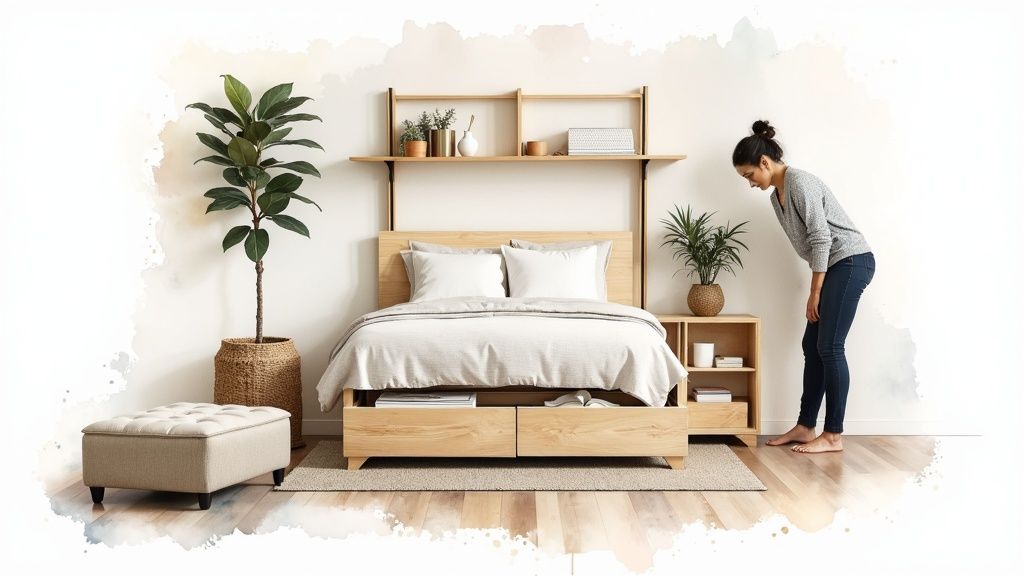 A stylish bedroom features a wooden bed with storage, shelves, plants, an ottoman, and a woman.