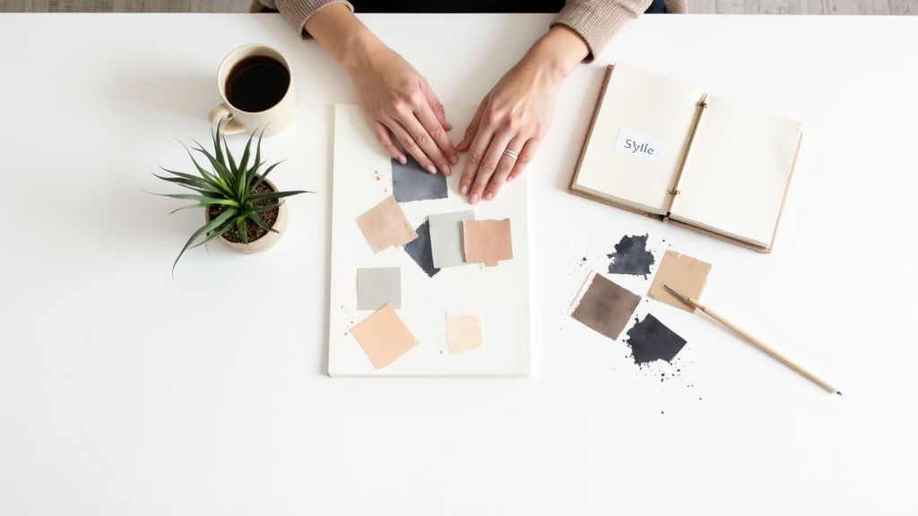 A person thoughtfully reviewing various fabric and paint color swatches on a wooden table.