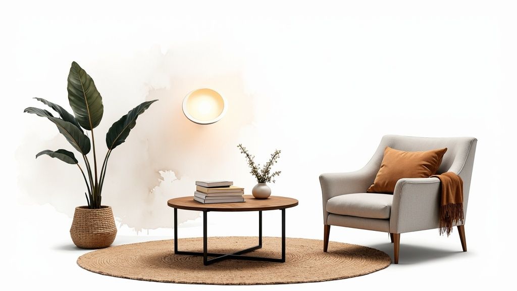 A close-up of a well-styled coffee table with a mix of books, a small plant, and a decorative object.