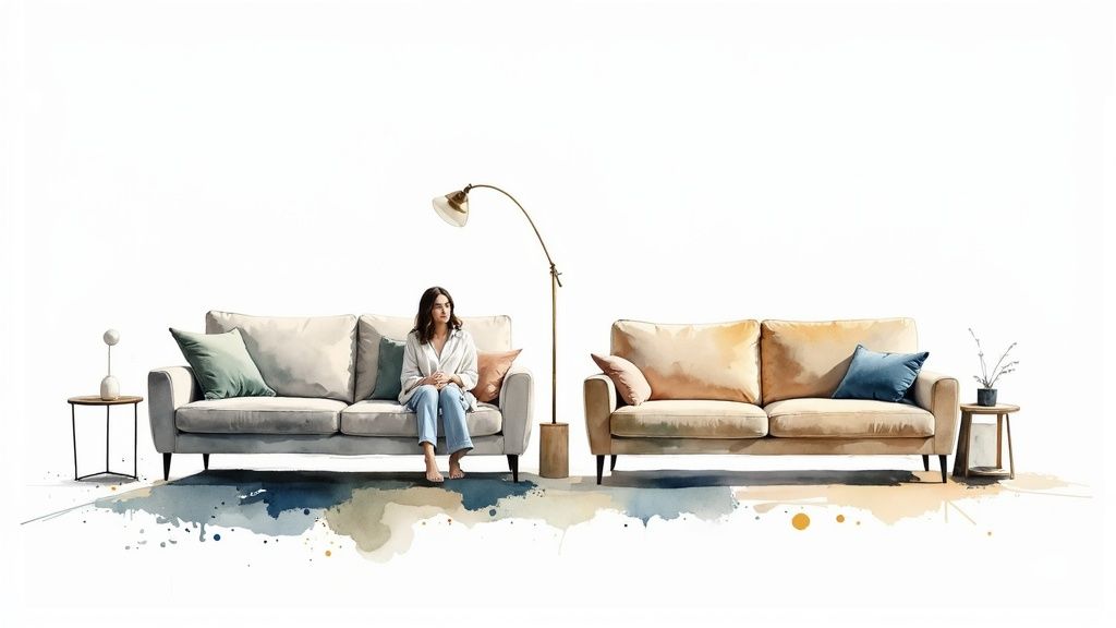 A color palette mood board with fabric swatches, paint chips, and material samples.