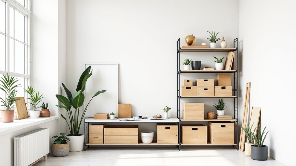 A bright studio condo interior with plants, a minimalist shelving unit, and wooden storage solutions.