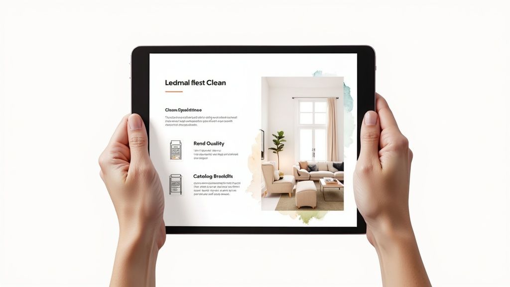 A person holds a tablet showcasing an app with 'Ledmal fiest Clean' and an elegant living room interior.
