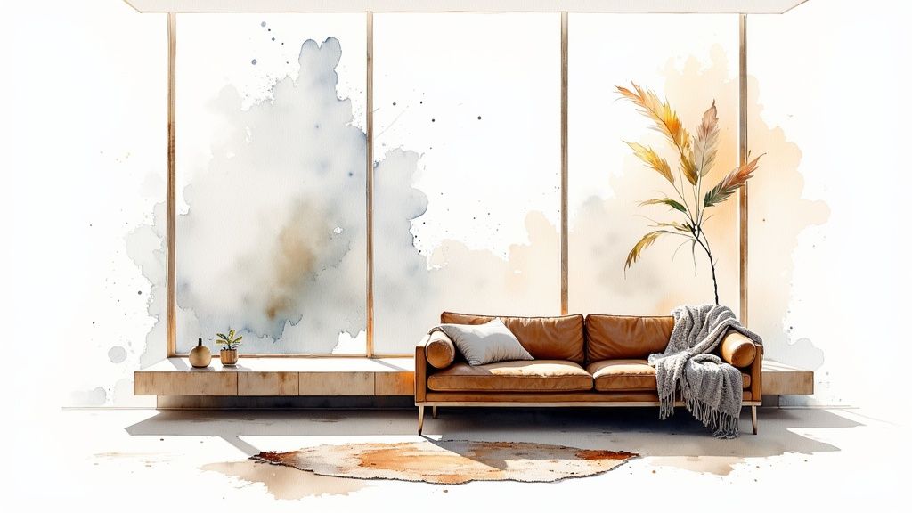 A thoughtfully designed living room with a neutral color palette and layered textures