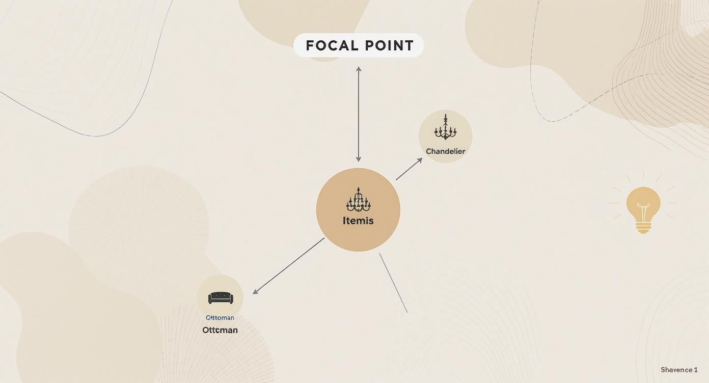 A conceptual diagram illustrating a focal point connected to interior design items like a chandelier and ottoman.