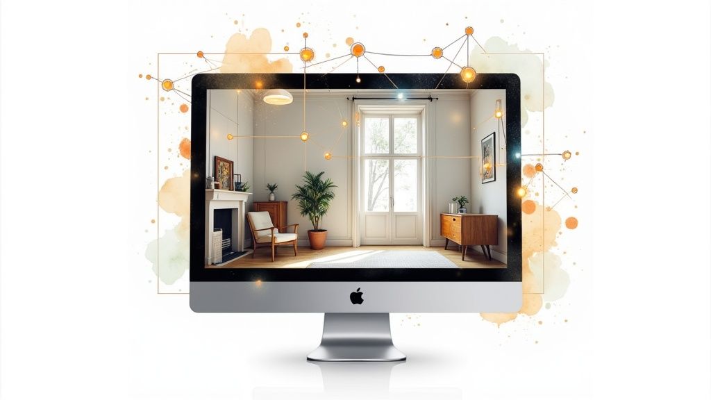 A person using a tablet to view an AI-generated interior design of their living room, showing the digital overlay on the real space.