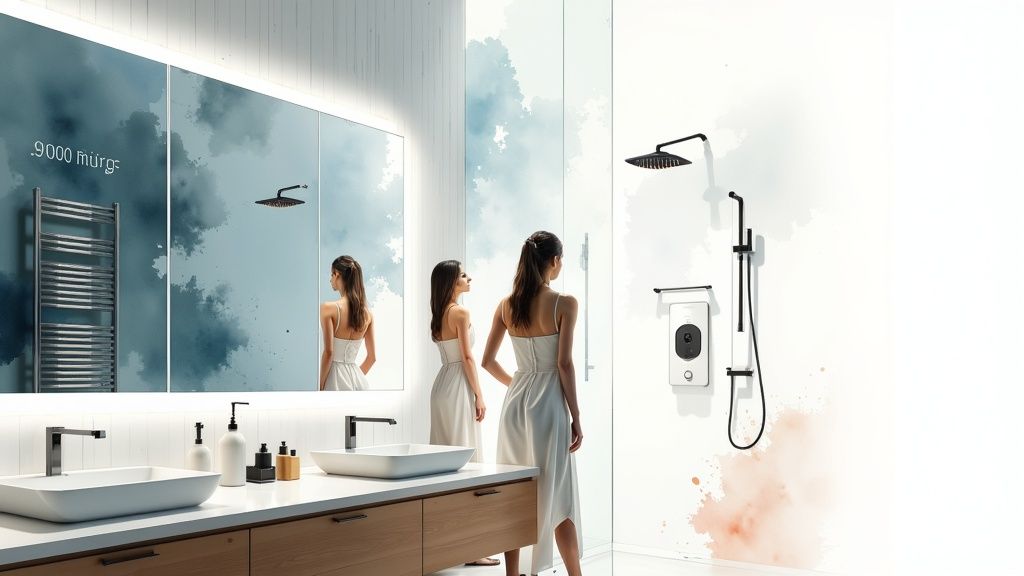 An AI-generated image of a futuristic, wellness-focused bathroom with integrated smart features.