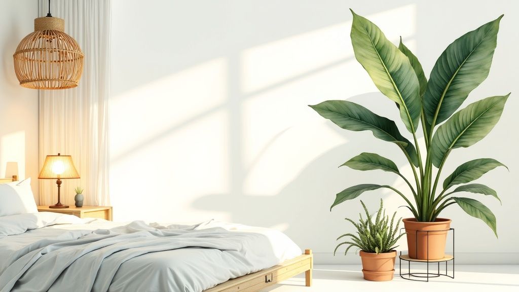 Bright minimalist bedroom with tropical plants, wooden bed frame, and natural sunlight creating peaceful atmosphere
