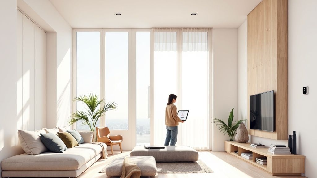 A modern living room with large windows and minimalist furniture.