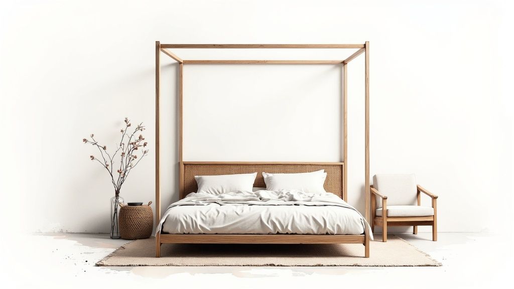 Modern canopy bed with wooden frame, rattan headboard, and white bedding in minimalist bedroom