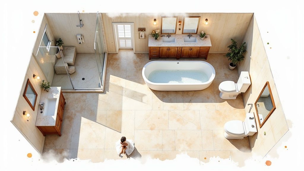 Spacious modern bathroom featuring a walk-in shower, double vanity, freestanding tub, and two toilets.