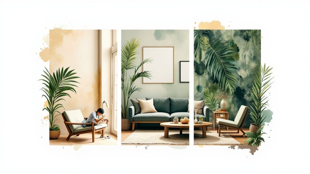 Three tropical interior design scenes featuring palm plants, modern furniture, and botanical artwork in calming color palettes