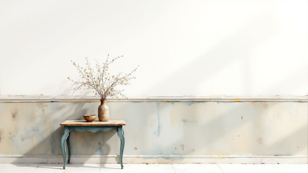 A cozy living room featuring dark green lower walls, white chair rails, and patterned wallpaper on the upper walls.