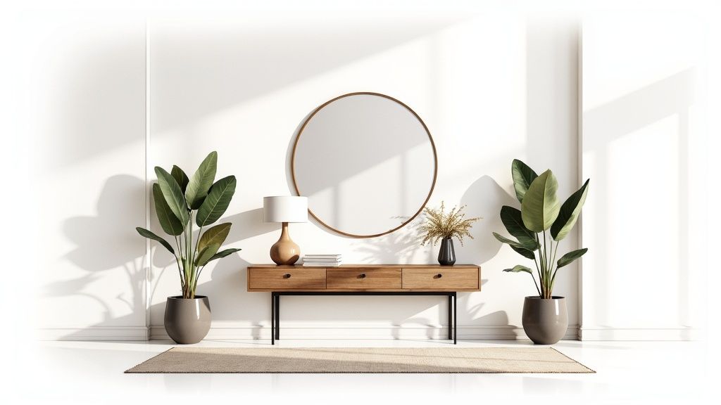 A modern, symmetrical entryway featuring a wooden console table, round mirror, and two large potted plants.