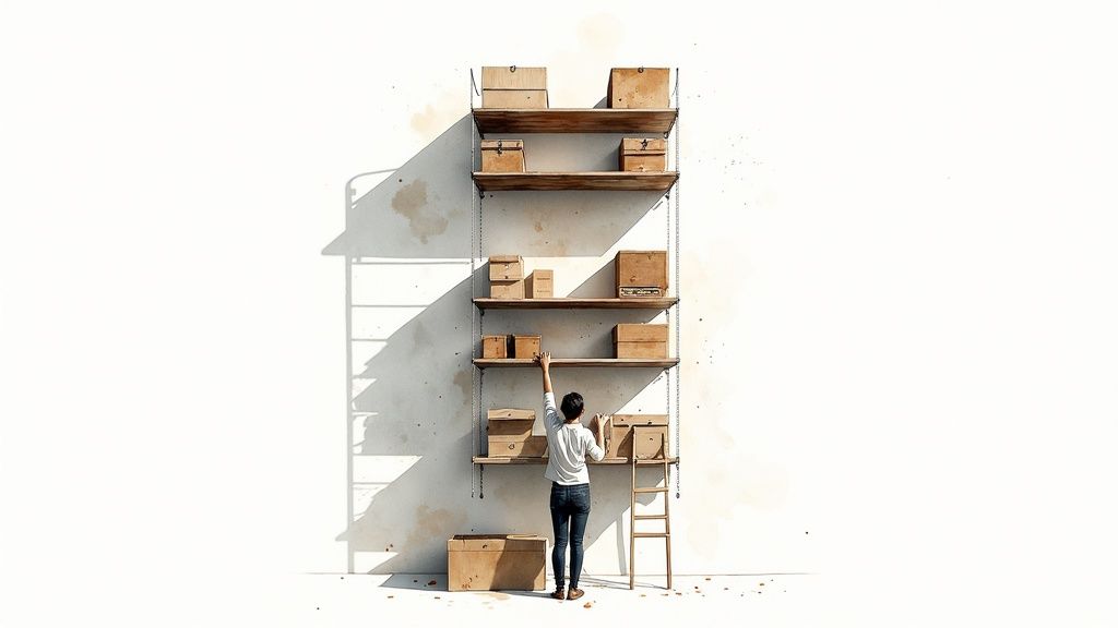 A person reaches for a box on a tall wooden shelving unit, organizing a small space.
