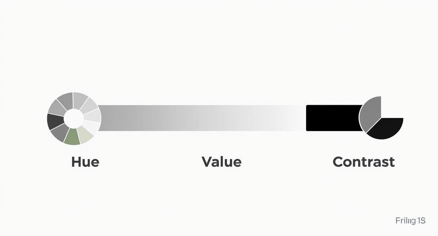 A graphic illustrating color theory concepts: hue as a color wheel, value as a grayscale bar, and contrast.