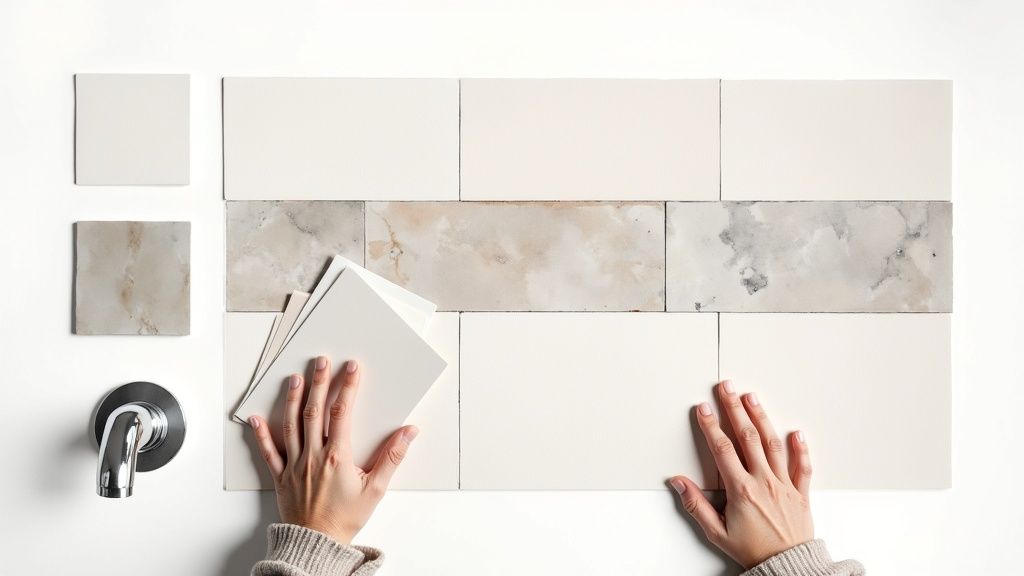 Hands arranging various off-white and marble-look bathroom tiles with color swatches and a faucet.