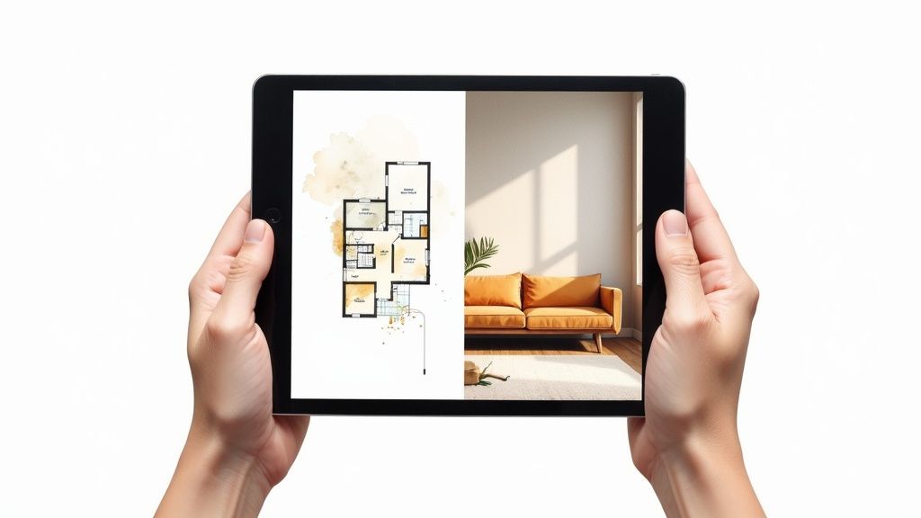 Hands holding a tablet displaying a split screen with a floor plan and a living room rendering.