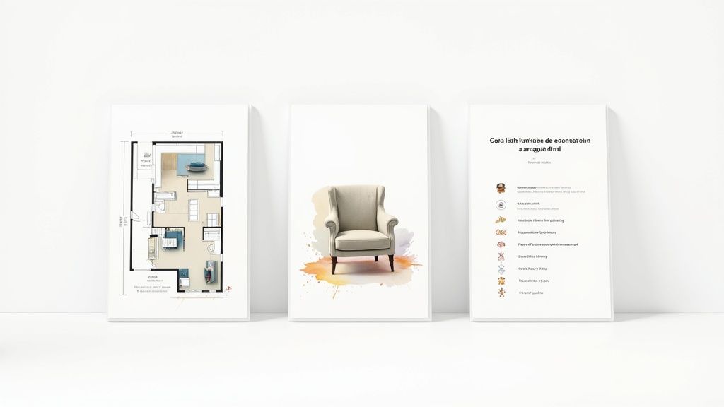 A modern living room with stylish furniture and a large window, showcasing the results of AI design.