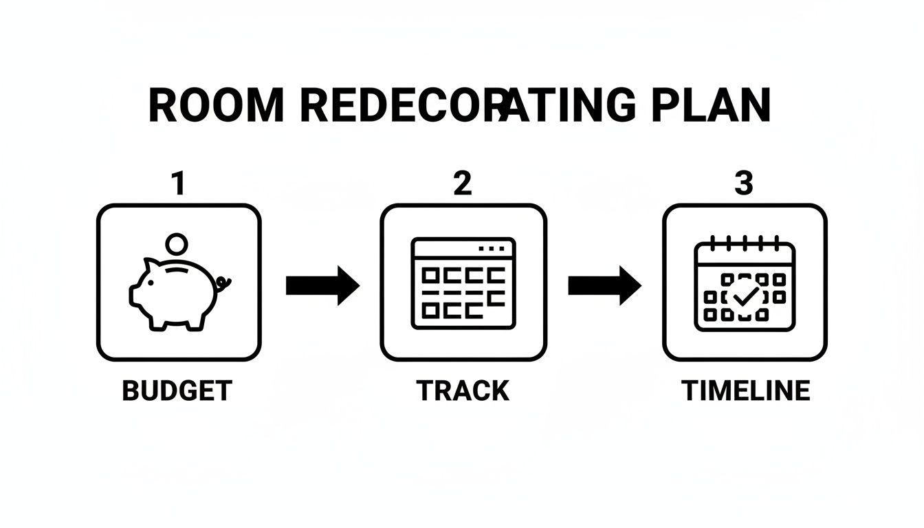 A room redecorating plan flowchart illustrating three steps: budget, track, and timeline.