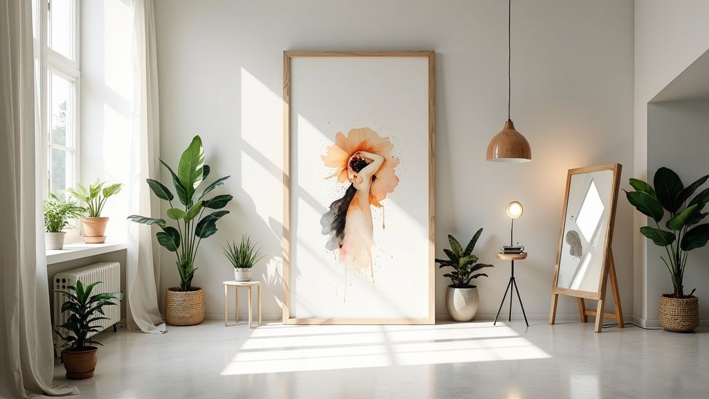Minimalist studio apartment interior with watercolor artwork, indoor plants, and natural sunlight streaming through windows