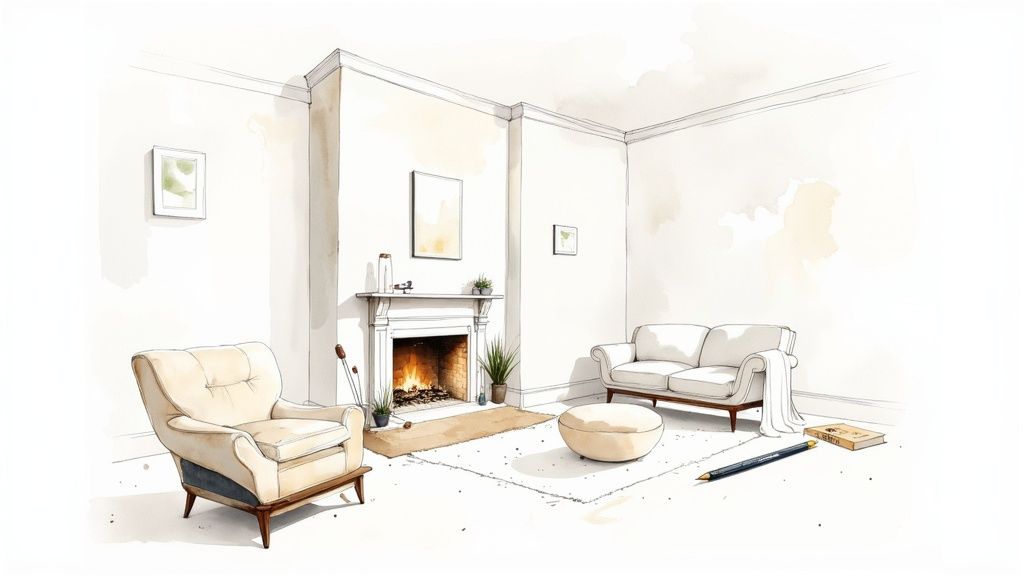 Woman sketching an interior design on a digital tablet.