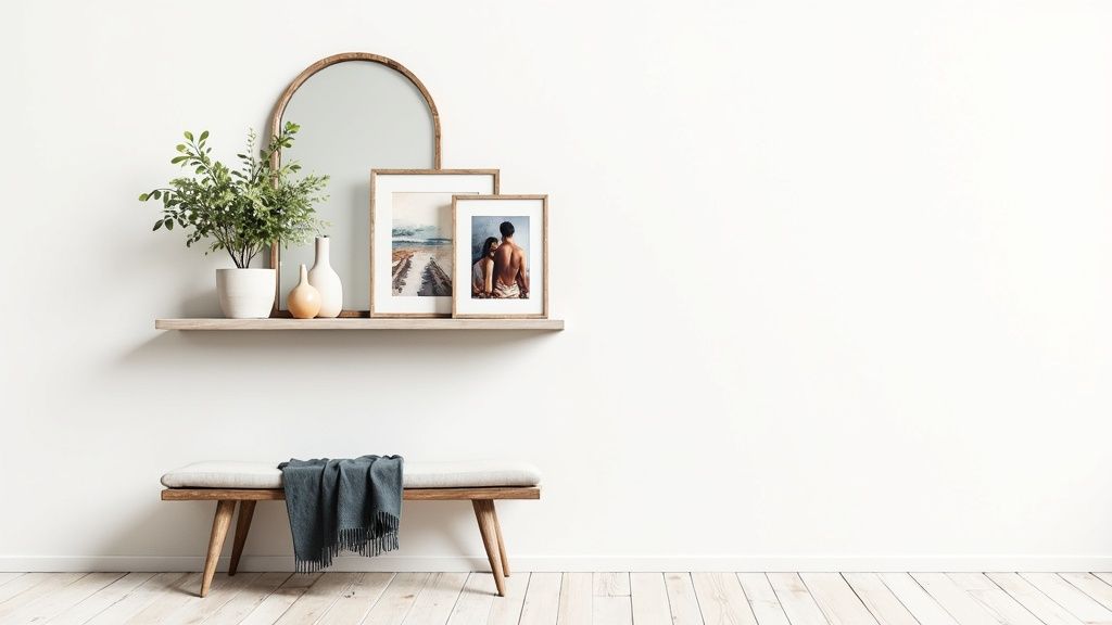 A styled living room with personalized decor, including a gallery wall, a mirror, and plants.