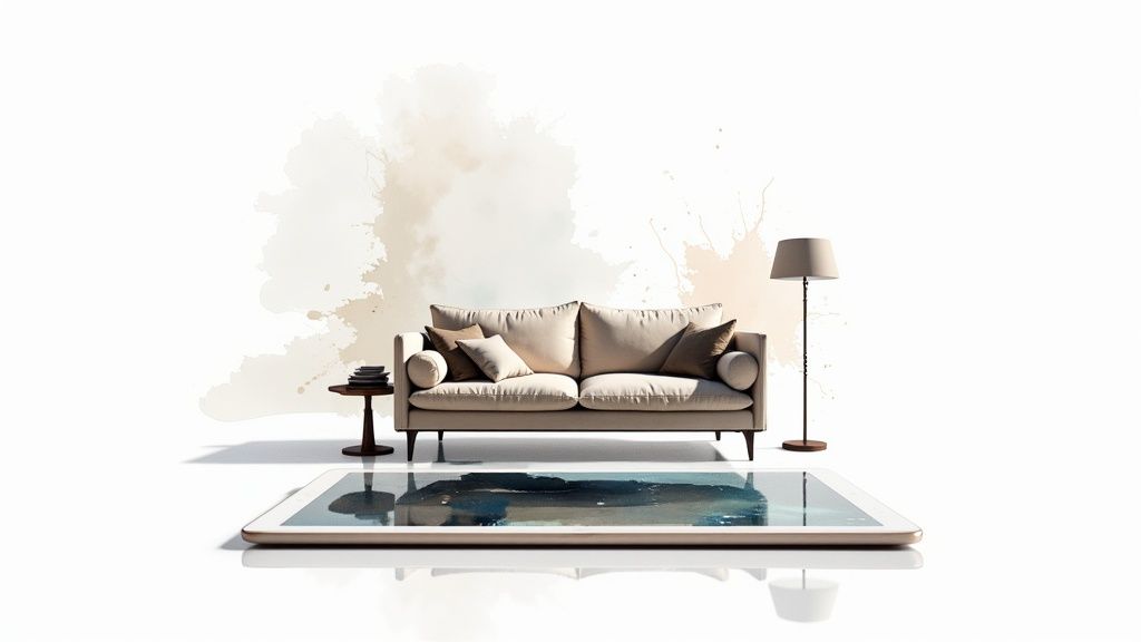 A modern living room designed with AI, showcasing neutral tones and a clean layout.