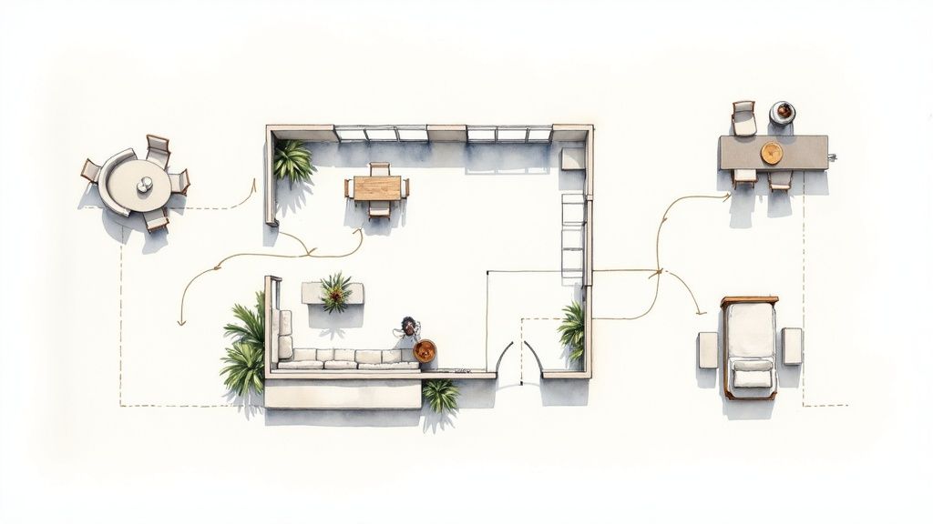 Aerial view floor plan showing living room, dining area, kitchen layout with furniture and plants