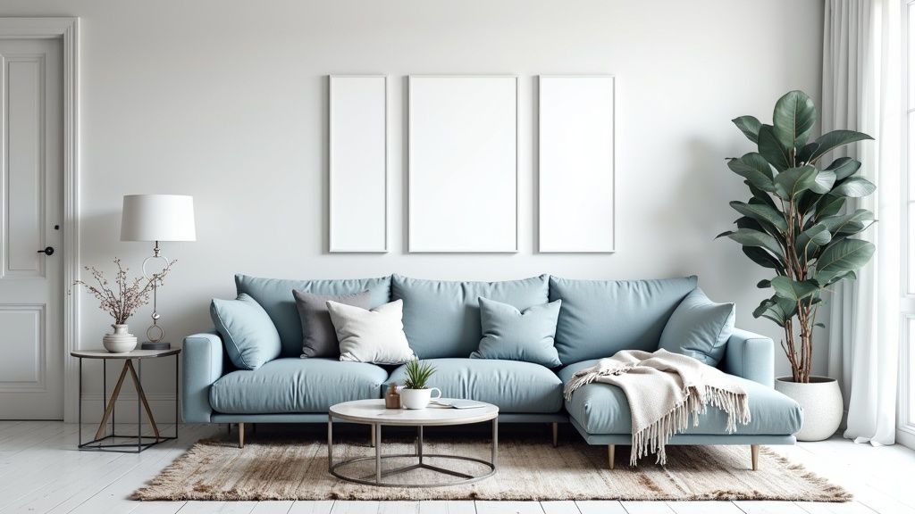 A sophisticated living room painted in a soft, cool gray, with modern furniture and pops of color.