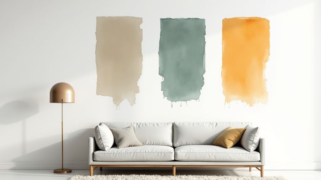 A living room being edited with a paint color visualizer tool