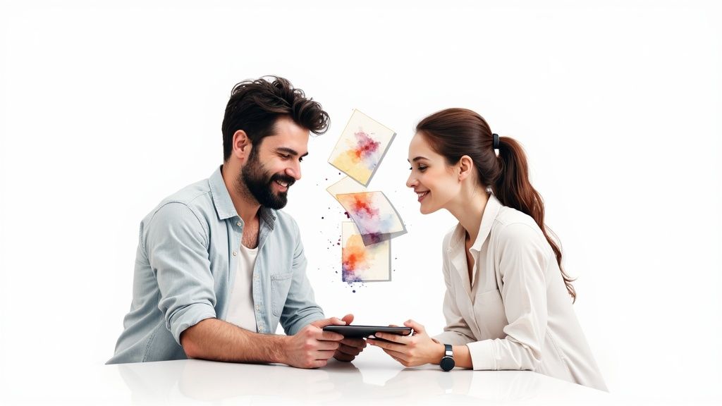 A professional interior designer using a tablet to show an AI-generated room design to a happy client.