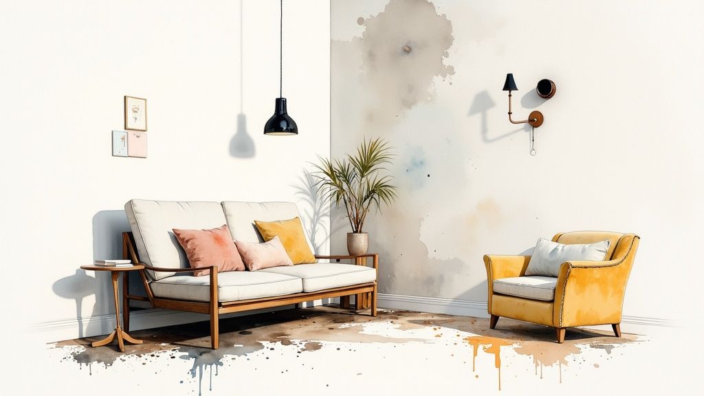An example of layered lighting in a modern living room, with recessed ambient lights, a floor lamp for task lighting, and an accent light on a plant.