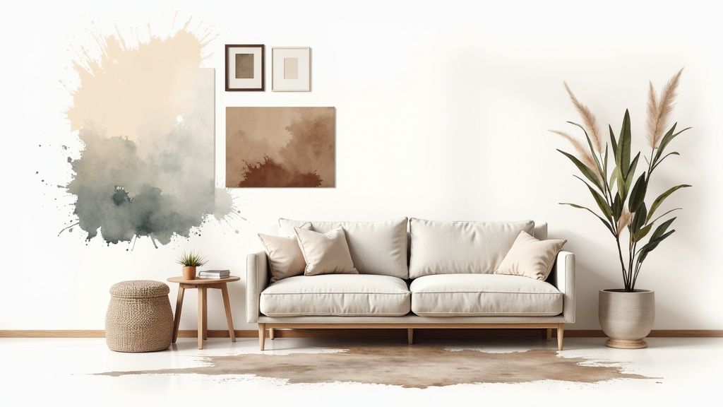 A cozy living room with a green accent wall, brown sofa, and complementary decor, showing a cohesive design.