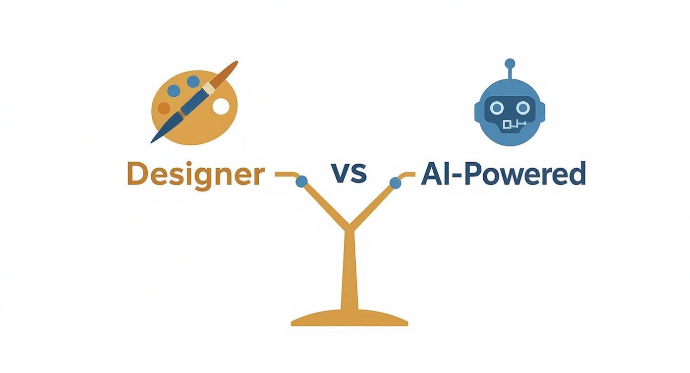 An illustration comparing a designer (paint palette) versus an AI-powered system (robot head).