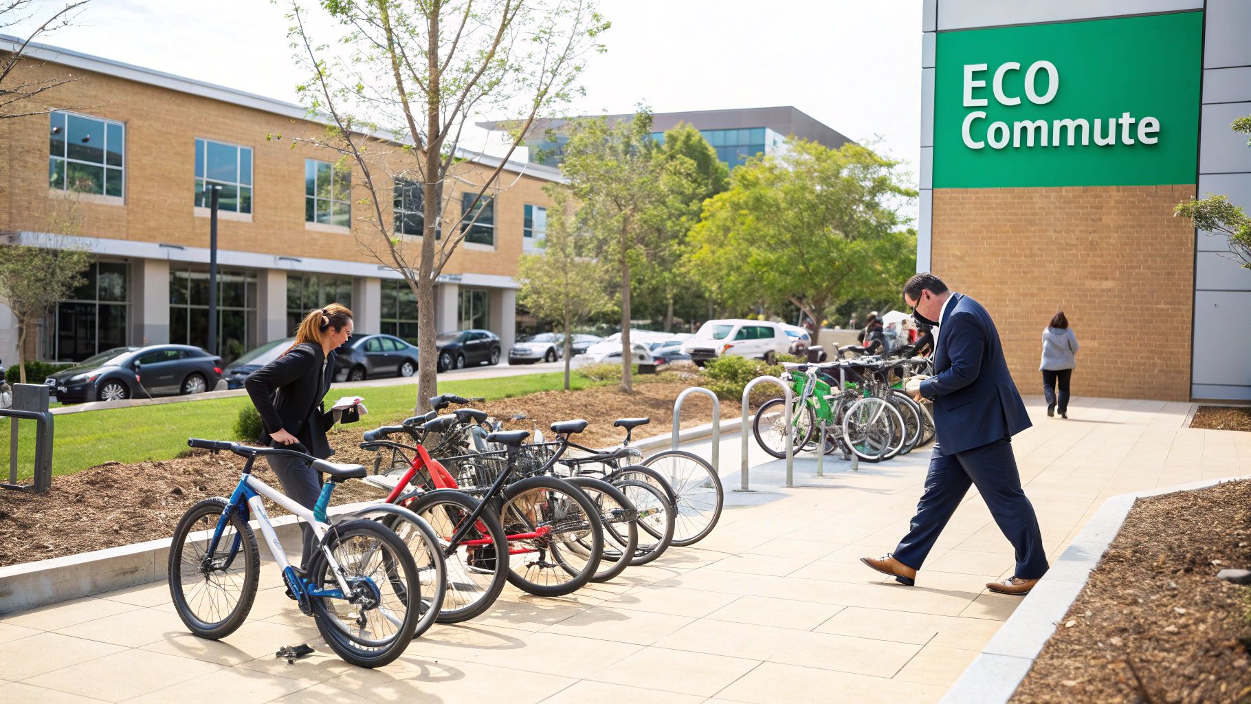 People commuting sustainably using bikes and public transport