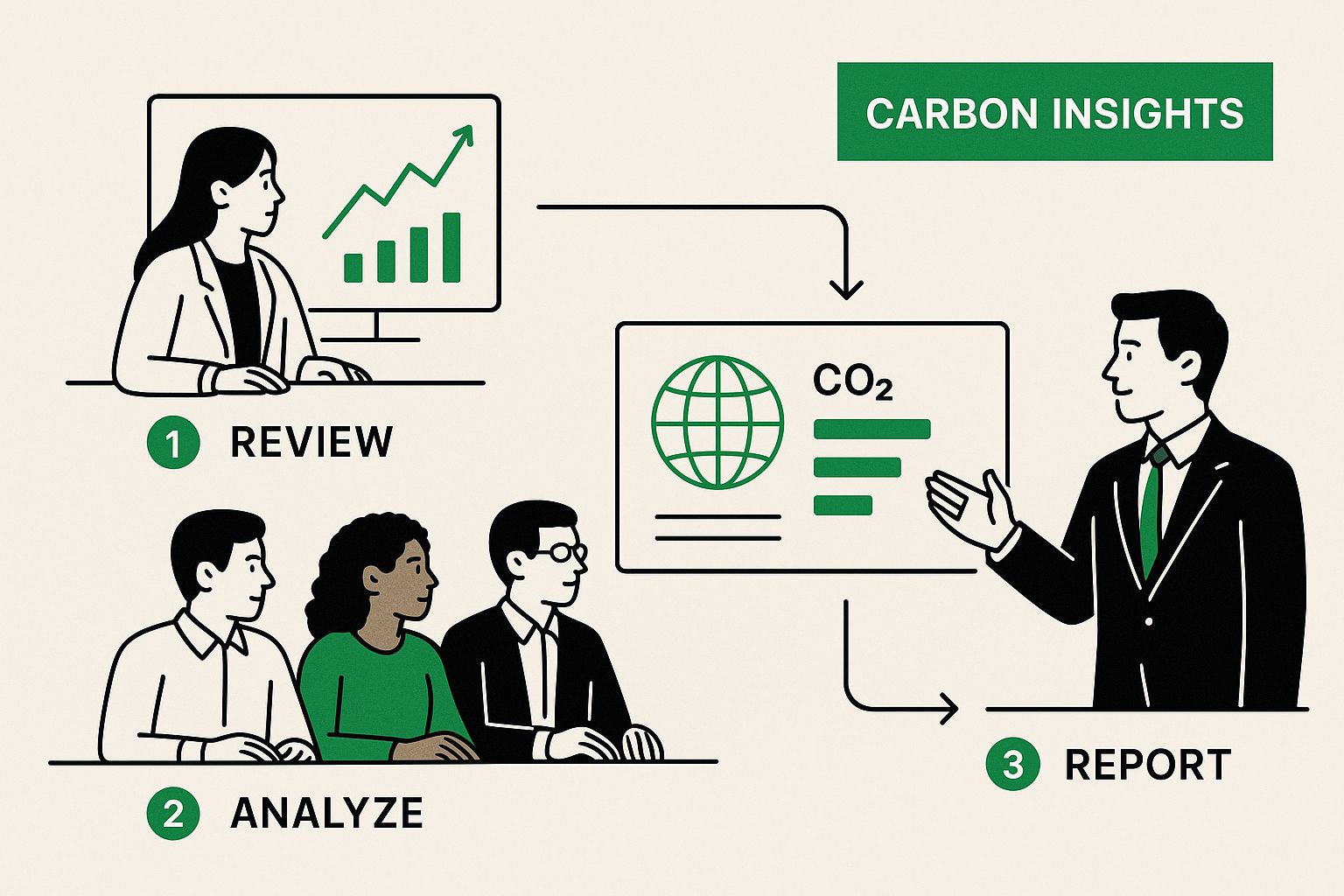 Infographic of a team reviewing digital dashboards with carbon metrics, with a text block reading 'Carbon Insights'.