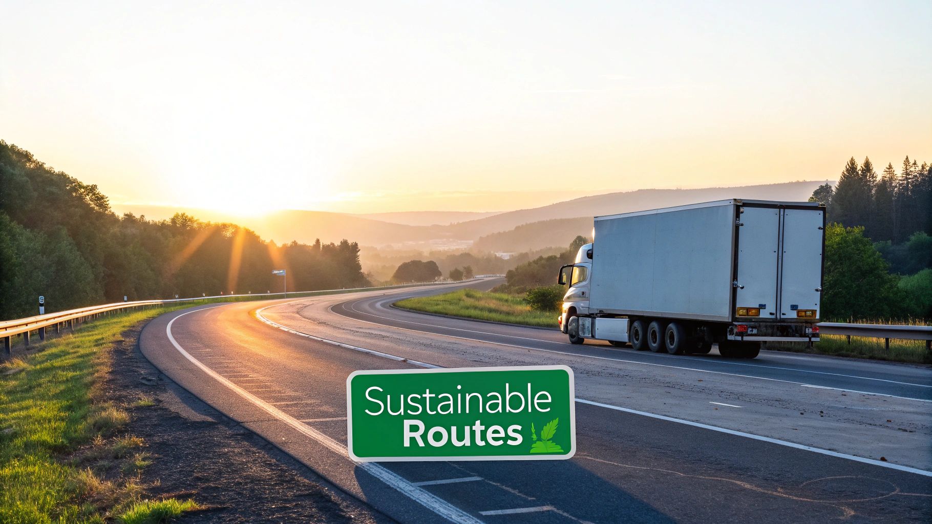 A modern electric delivery truck driving on a city street with green buildings in the background, symbolizing sustainable logistics.