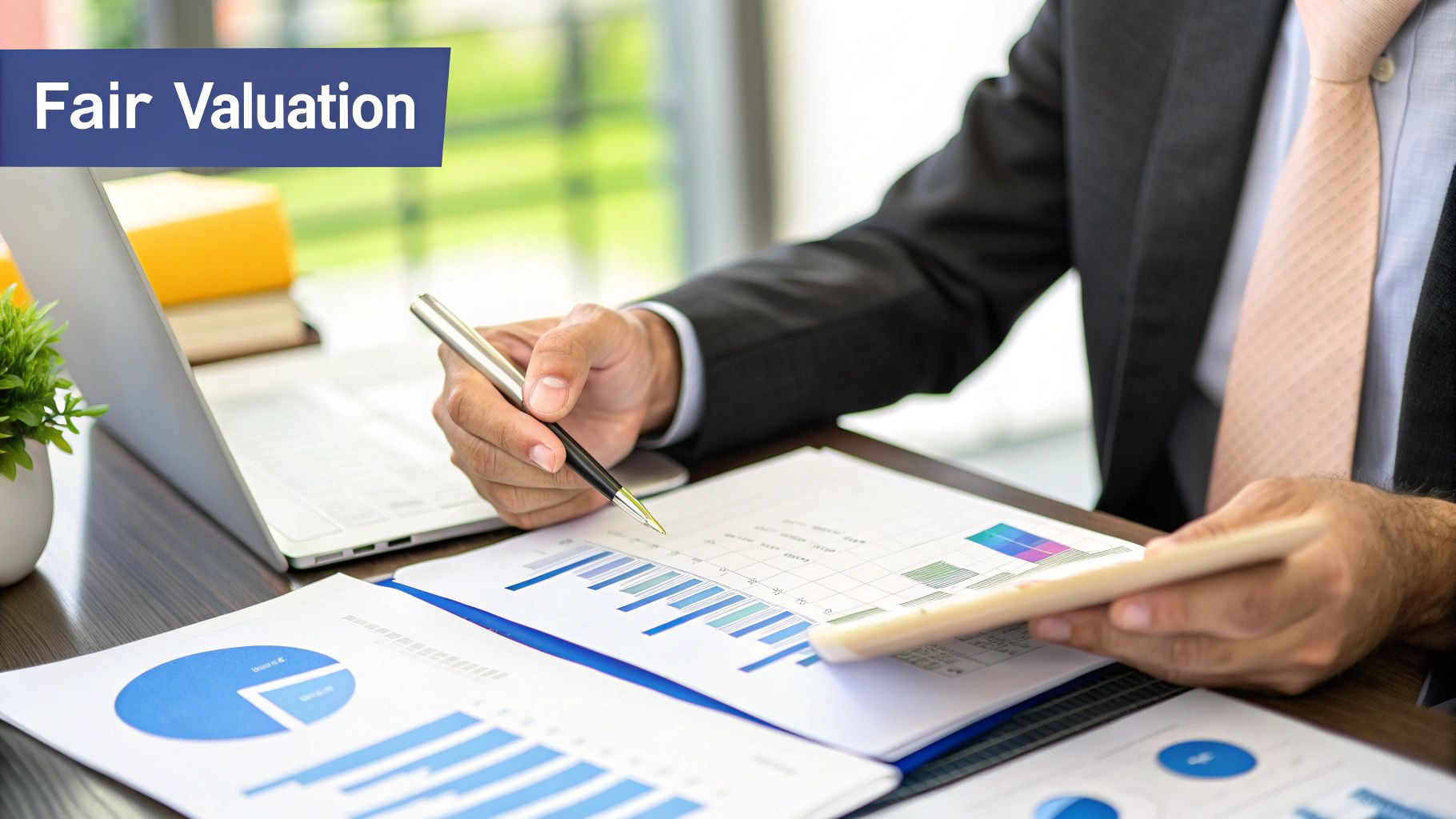 A business professional analyzing financial charts on a tablet, symbolizing the detailed work of share valuation.