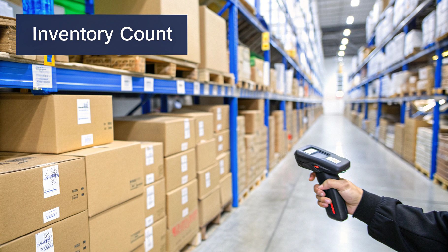 A warehouse with neatly organized shelves, highlighting the process of inventory management and counting.