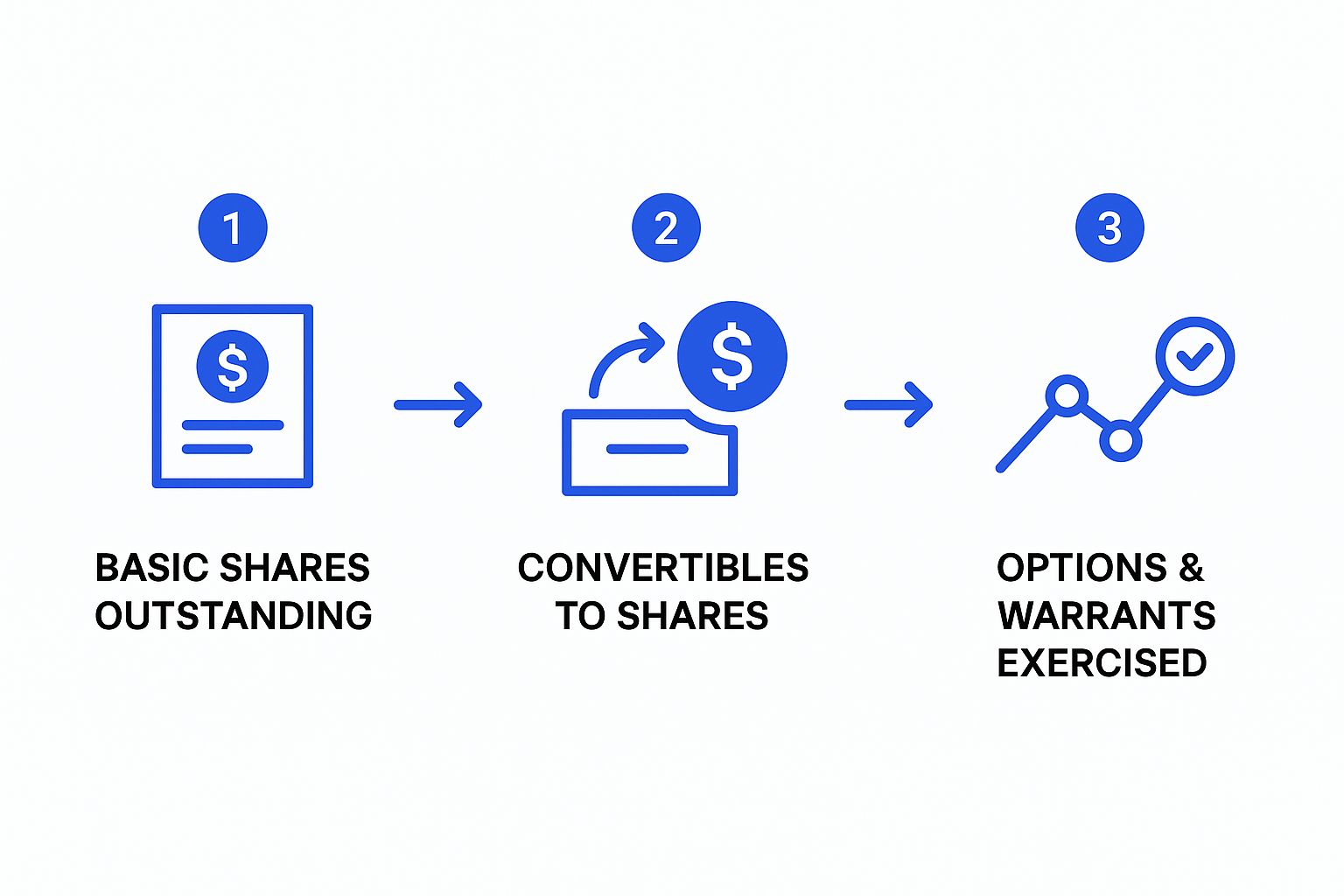 An infographic illustrating the three-step process to calculate fully diluted shares starting from basic shares, adding convertibles, and then including options and warrants.